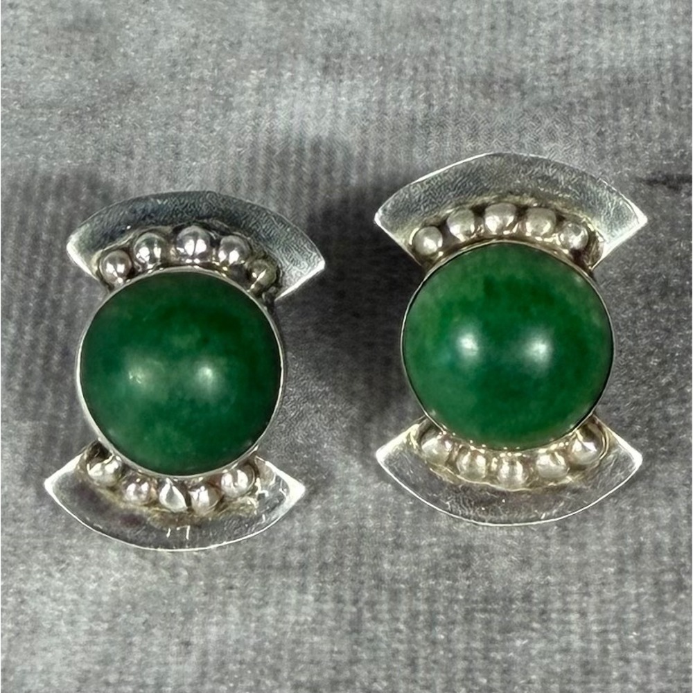 Vtg Mexico Silver Green Stone Cabochon Screw Back Earrings Mid Century Deco 11g - Picture 9 of 11